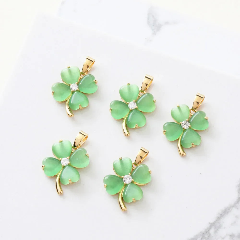 2PCS 18K Gold-plated Four-leaf Clover Opal Necklace Pendant Charms for Jewelry Making Supplies Diy Hand-made Brass Accessories