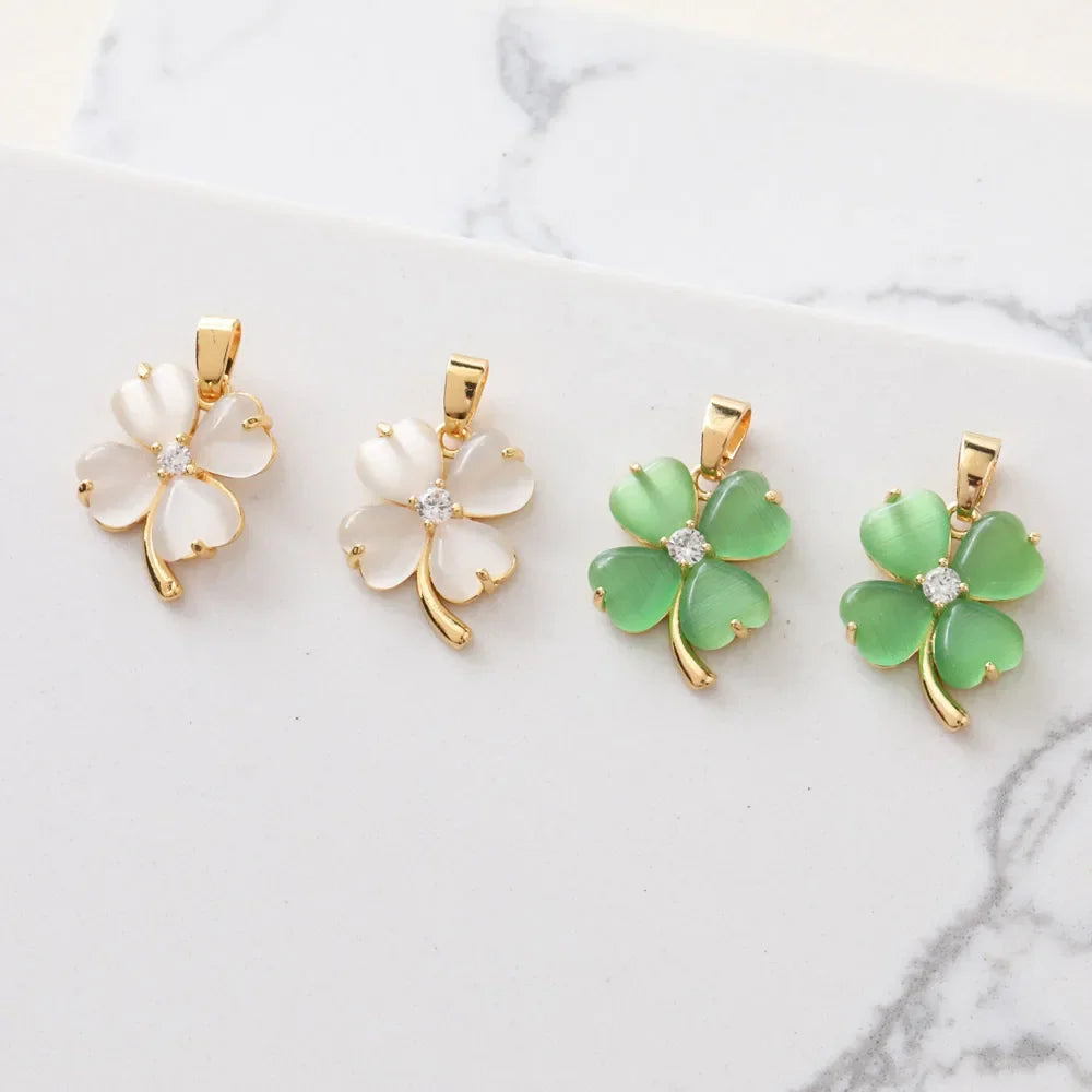 2PCS 18K Gold-plated Four-leaf Clover Opal Necklace Pendant Charms for Jewelry Making Supplies Diy Hand-made Brass Accessories