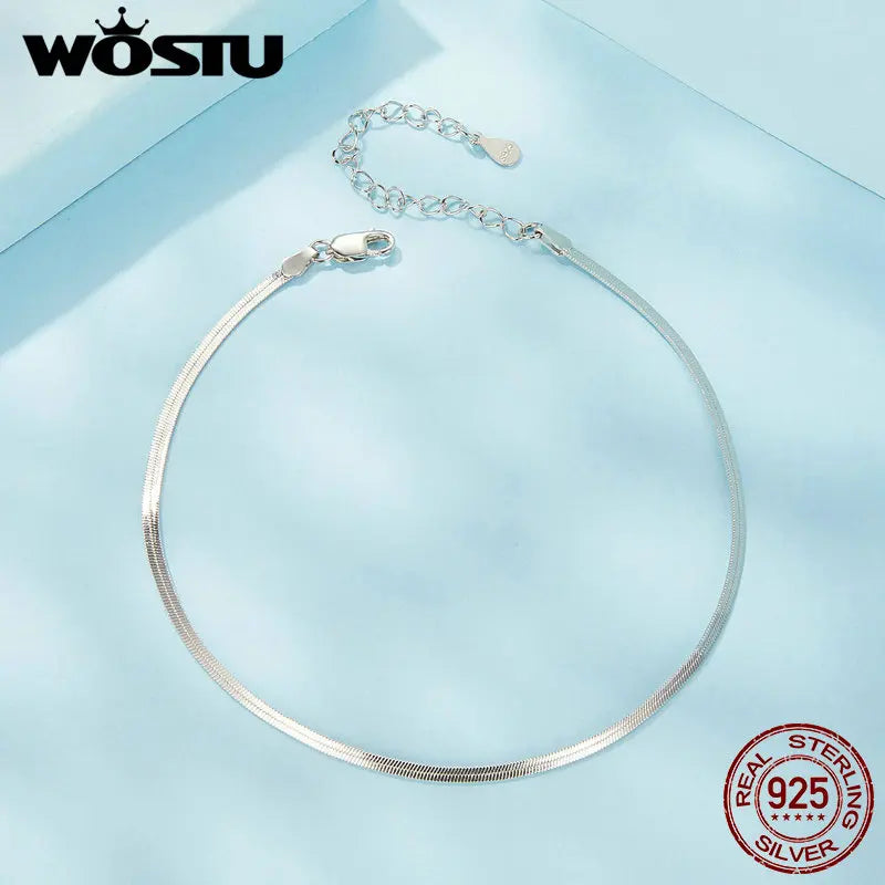 WOSTU Original 925 Sterling Silver Simple Animal Snake Anklet Adjustable Chain White Gold For Women Party Gift Fine Jewlery
