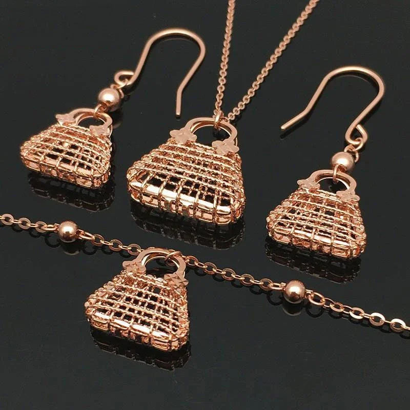 Plated 14K Rose Gold Geometric Fashion Jewlery Set Bracelet for Women Classic Hollow Exquisite Earring Necklaces