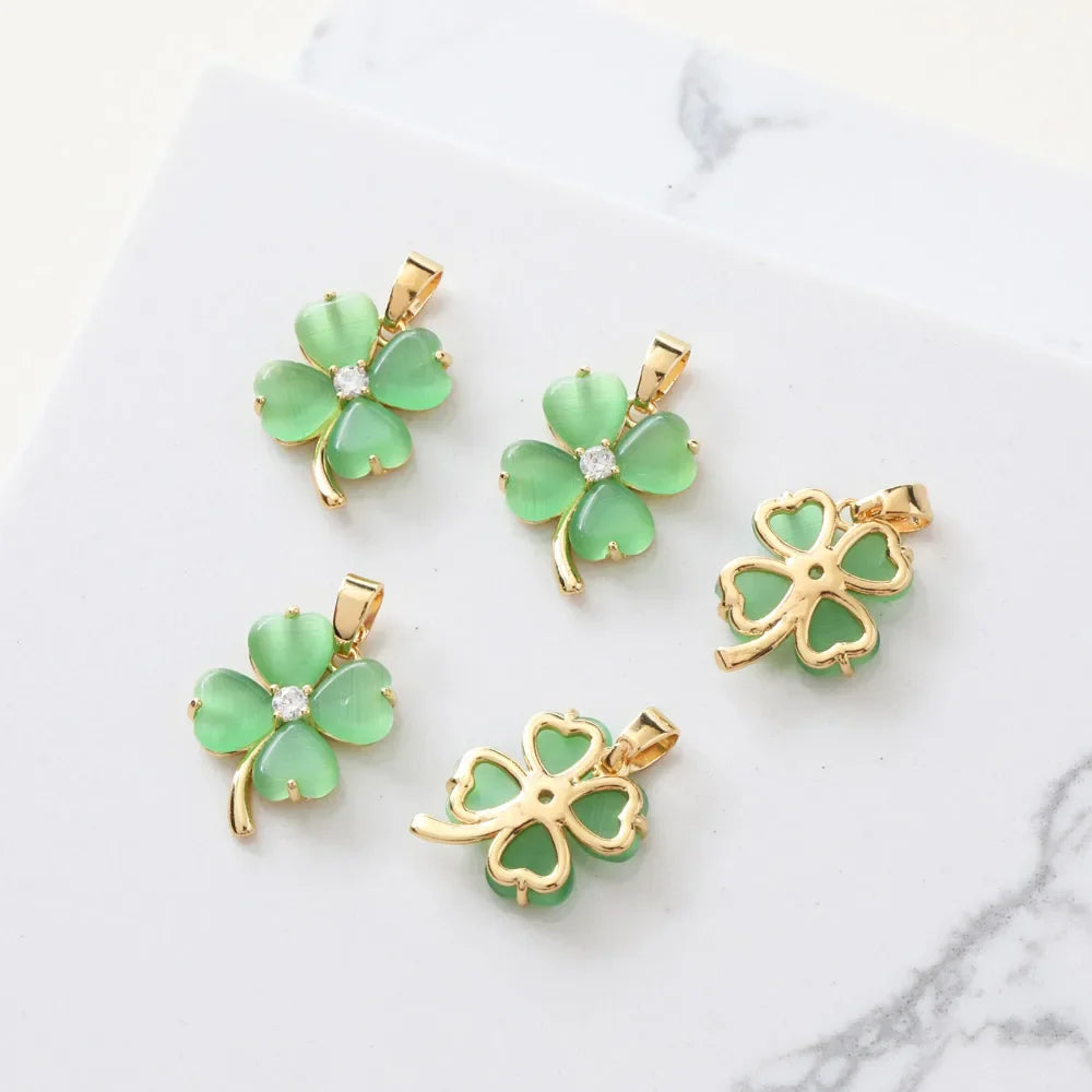 2PCS 18K Gold-plated Four-leaf Clover Opal Necklace Pendant Charms for Jewelry Making Supplies Diy Hand-made Brass Accessories
