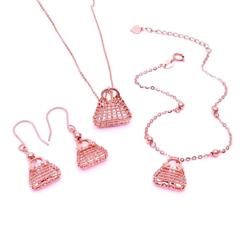 Plated 14K Rose Gold Geometric Fashion Jewlery Set Bracelet for Women Classic Hollow Exquisite Earring Necklaces