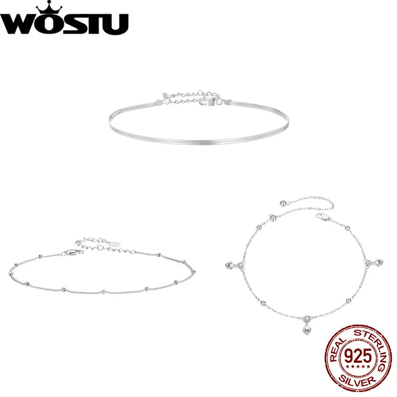 WOSTU Original 925 Sterling Silver Simple Animal Snake Anklet Adjustable Chain White Gold For Women Party Gift Fine Jewlery