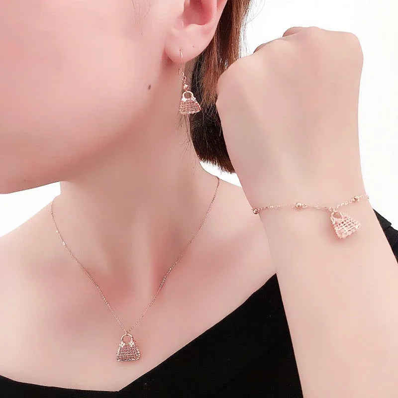 Plated 14K Rose Gold Geometric Fashion Jewlery Set Bracelet for Women Classic Hollow Exquisite Earring Necklaces