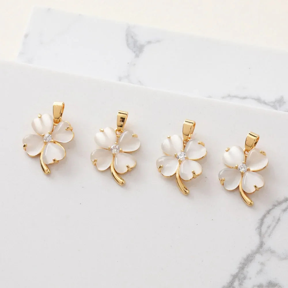 2PCS 18K Gold-plated Four-leaf Clover Opal Necklace Pendant Charms for Jewelry Making Supplies Diy Hand-made Brass Accessories